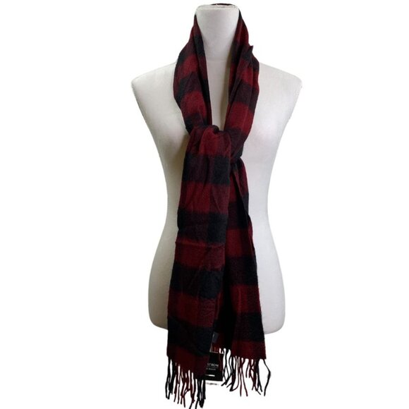 Nordstrom Men's 100% Cashmere Scarf Fringe Ruby Red, Black Buffalo Check NWT